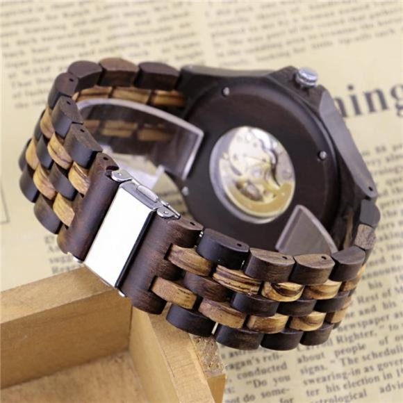 Men's Wooden Watch Skeleton Automatic Movement Wood Watch Self-Winding Watches - Picture 2 of 7